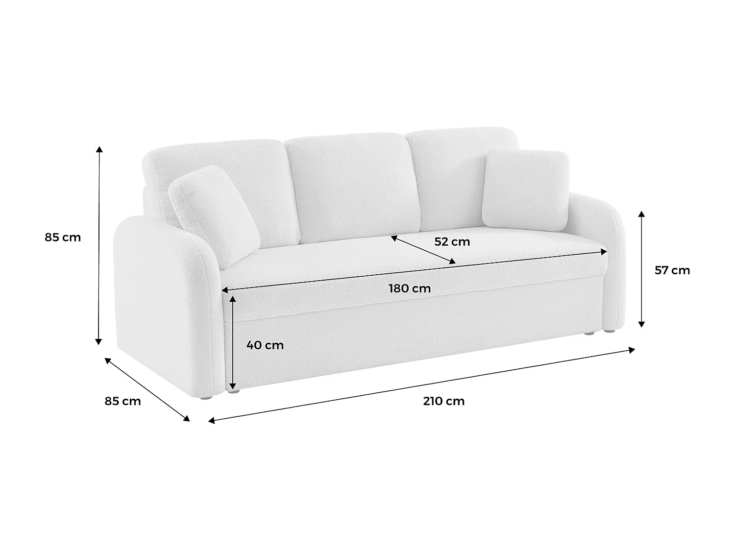 Canapé 3 places cosy rond. tissu bouclettes crème. Milano. L 210 x P 85 x H 85cm