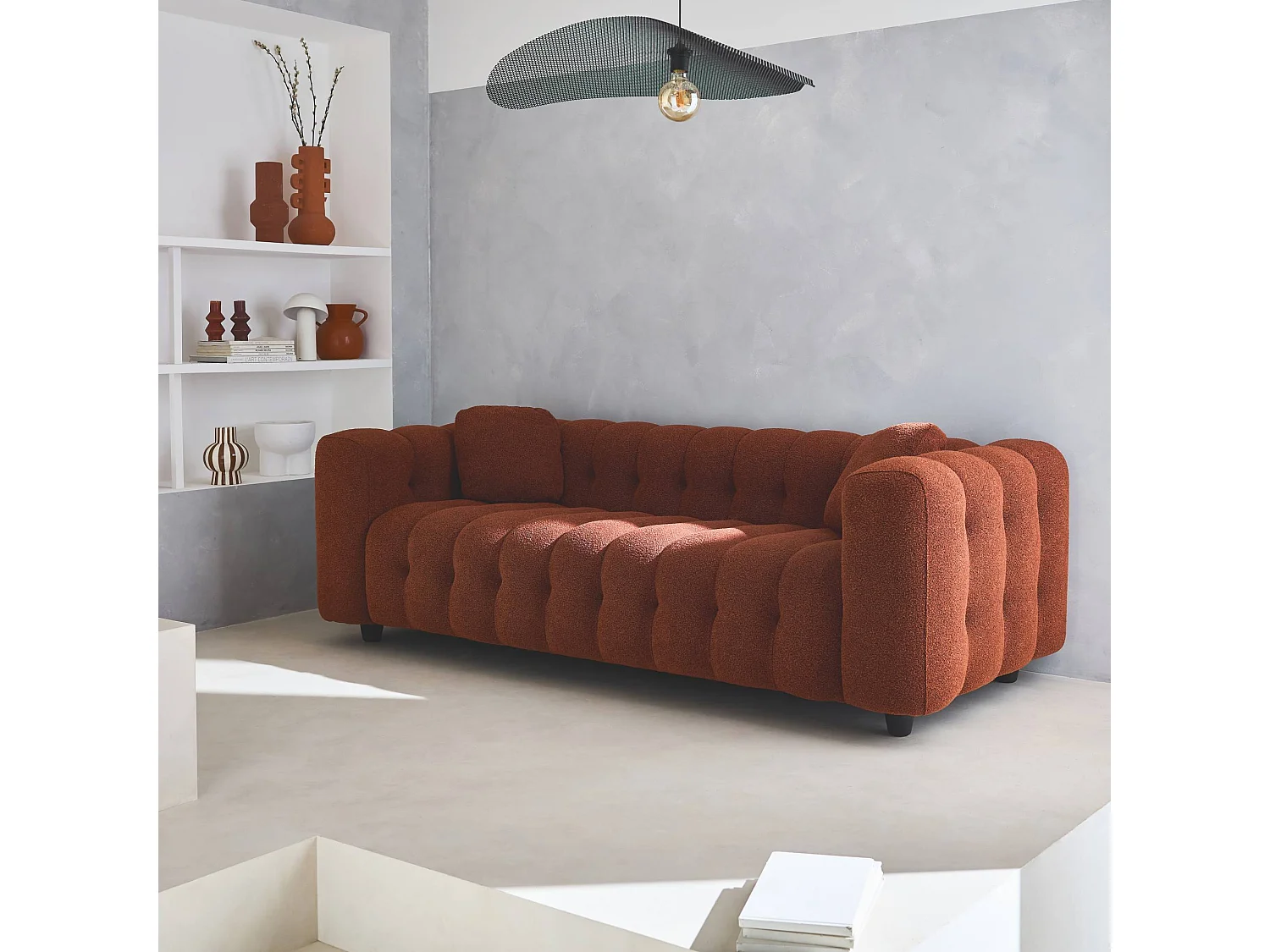 Sofá de 3 plazas, tapizado en tela borreguito texturizada terracotta
