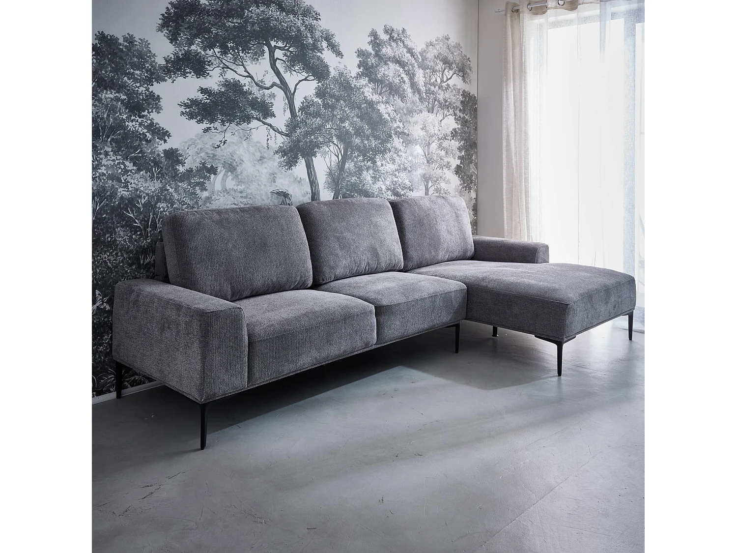 Sofá de 3 plazas en tela y metal, esquina derecha gris oscuro