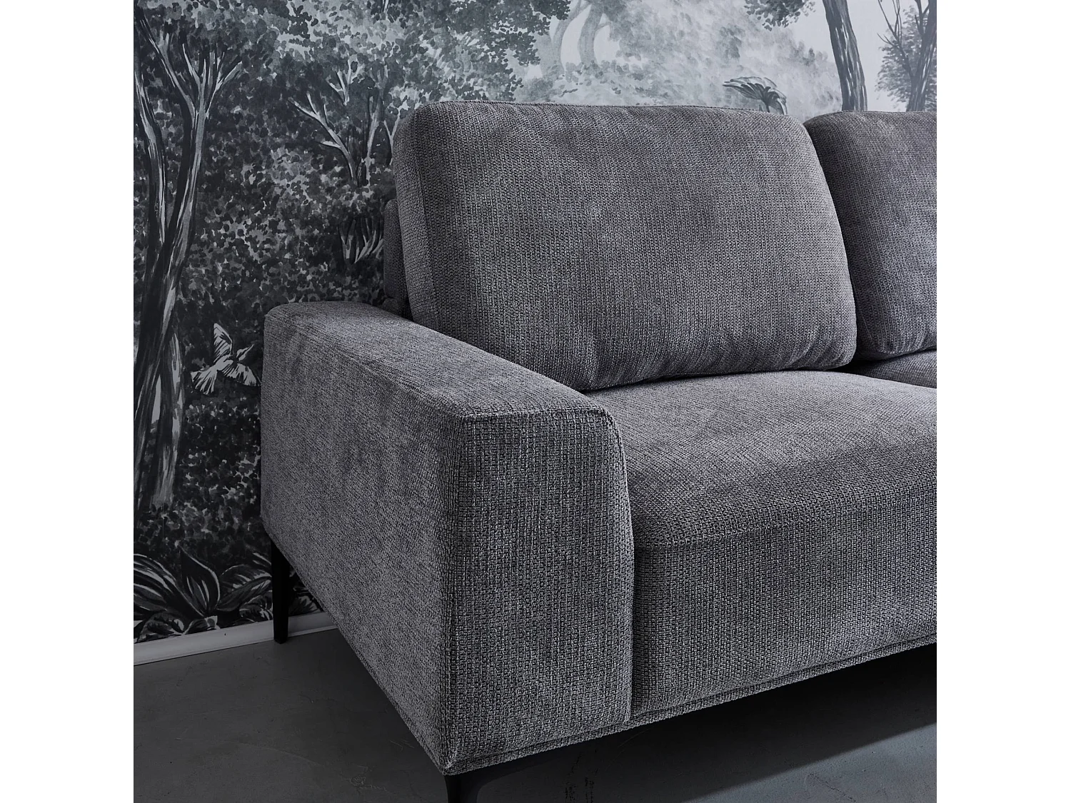 Sofá de 3 plazas en tela y metal, esquina derecha gris oscuro