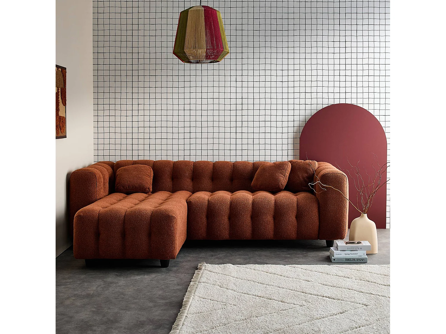 Canapé d'angle réversible 3-4 places bouclette texturée. terracotta. capitonné structure bois d'eucalyptus et contreplaqué