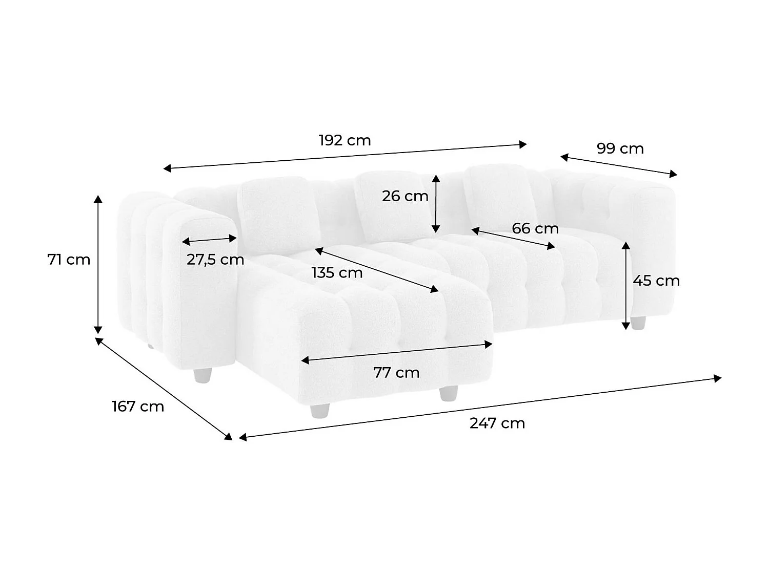 Canapé d'angle réversible 3-4 places bouclette texturée. terracotta. capitonné structure bois d'eucalyptus et contreplaqué
