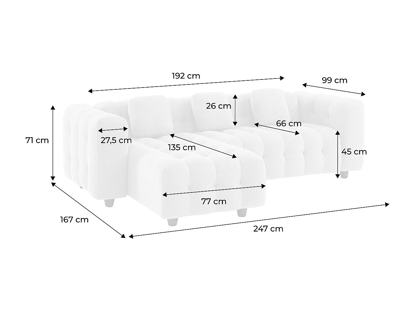 Canapé d'angle réversible 3-4 places bouclette texturée. terracotta. capitonné structure bois d'eucalyptus et contreplaqué