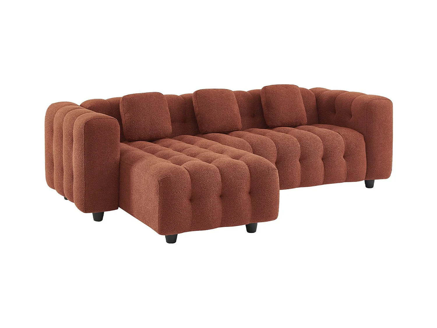 Canapé d'angle réversible 3-4 places bouclette texturée. terracotta. capitonné structure bois d'eucalyptus et contreplaqué
