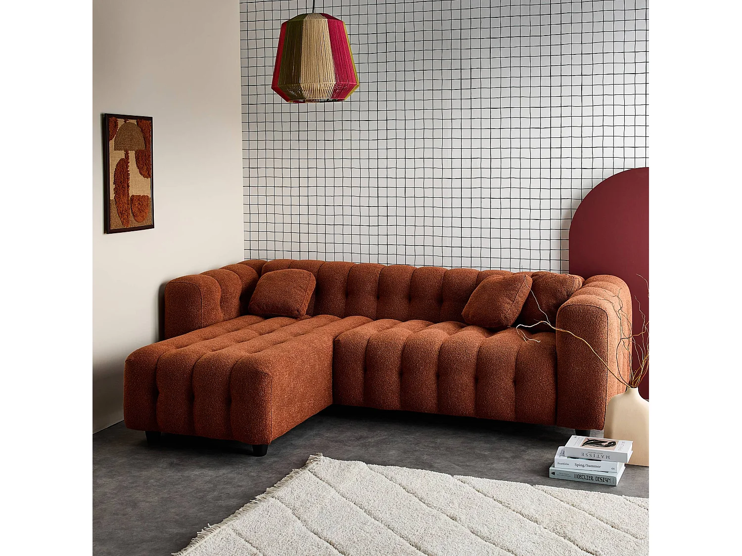 Sofá esquinero reversible con rizo texturado terracotta