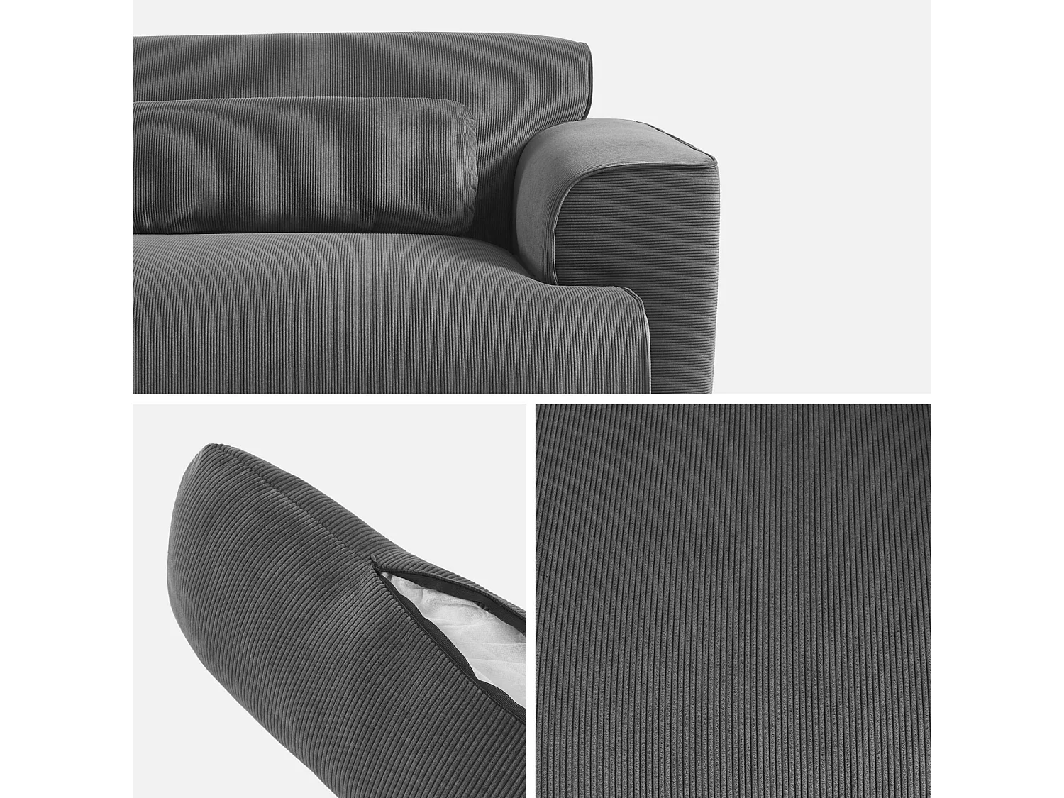 Divano a 3 posti in velluto a coste fini, grigio scuro