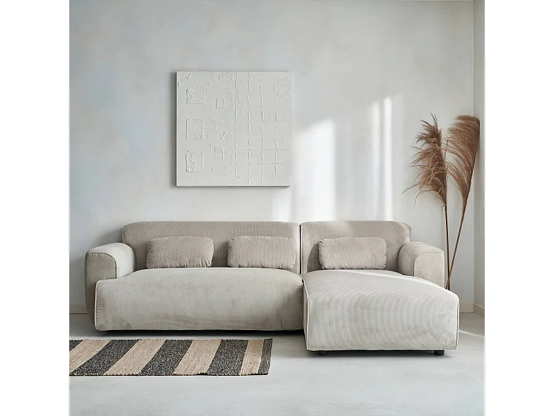 Canapé d'angle droit. 2 à 3 places. velours côtelé beige. Wallas L 196 x P 151 / 91 / x H 73cm