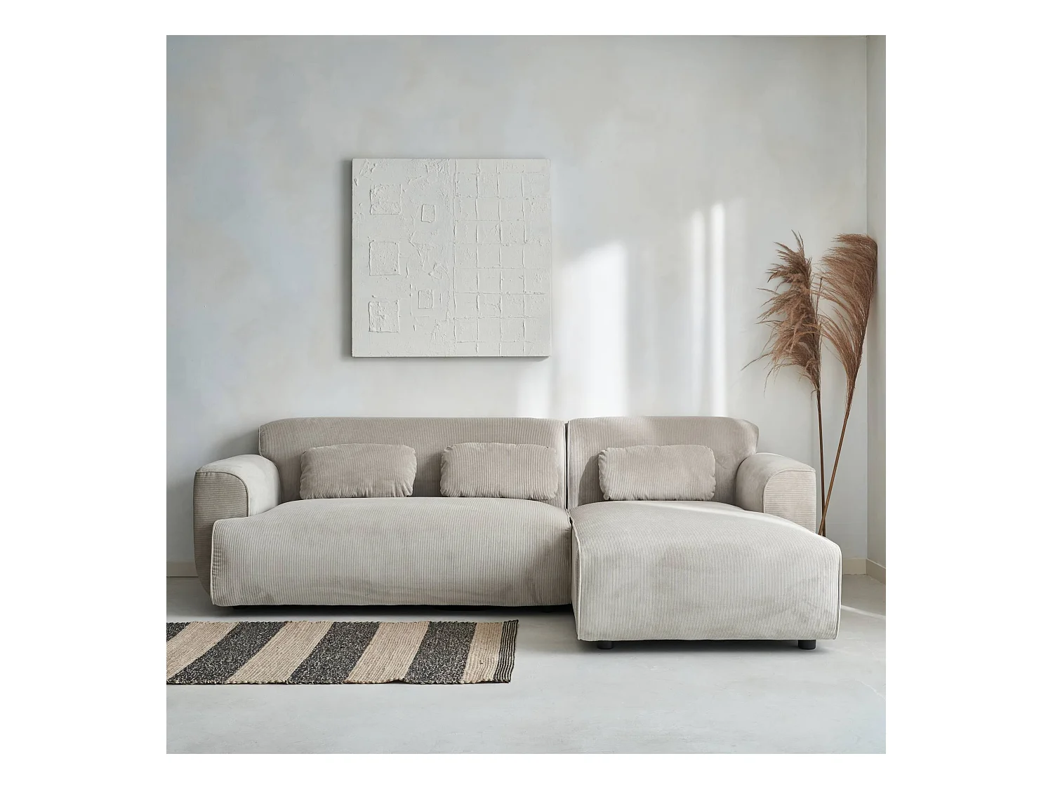 Canapé d'angle droit. 2 à 3 places. velours côtelé beige. Wallas L 196 x P 151 / 91 / x H 73cm