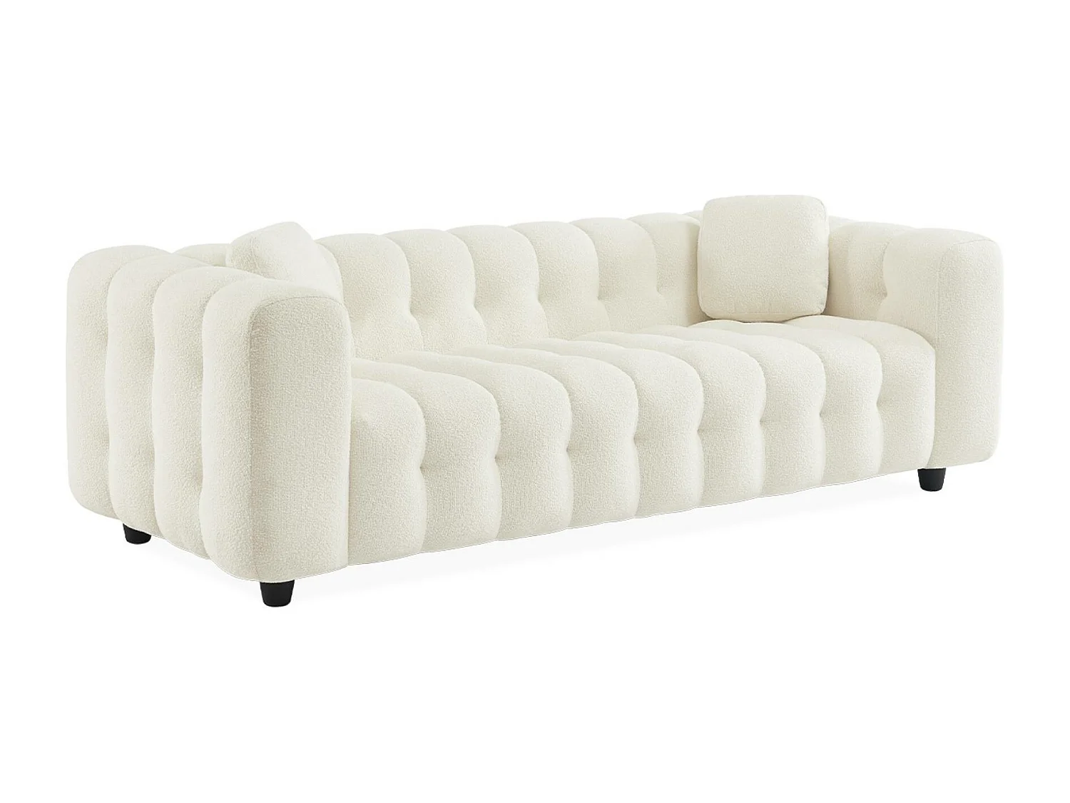 Canapé 3 places en bouclette texturée capitonné blanc crème - Structure bois d'eucalyptus et contreplaqué