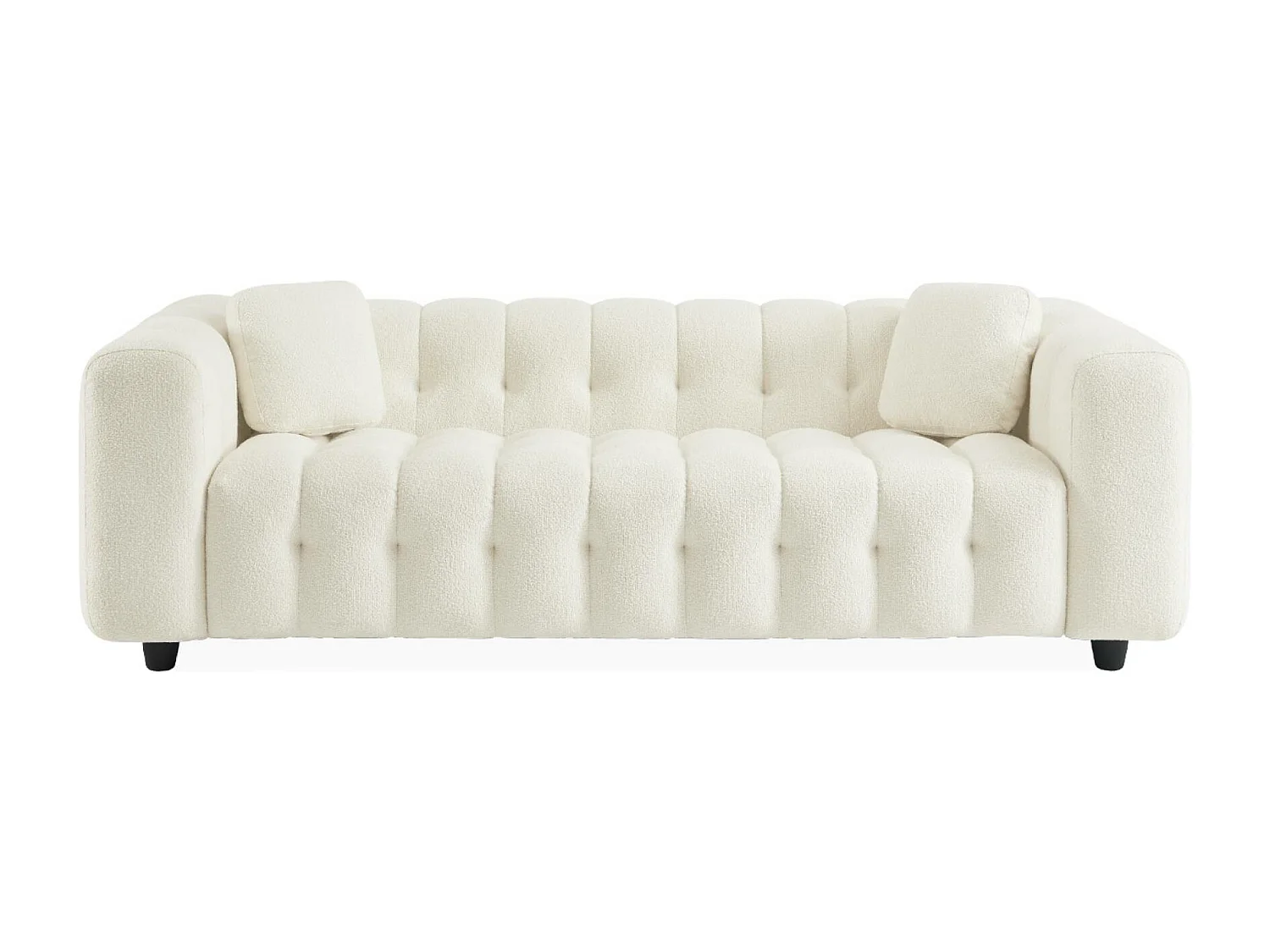 Canapé 3 places en bouclette texturée capitonné blanc crème - Structure bois d'eucalyptus et contreplaqué