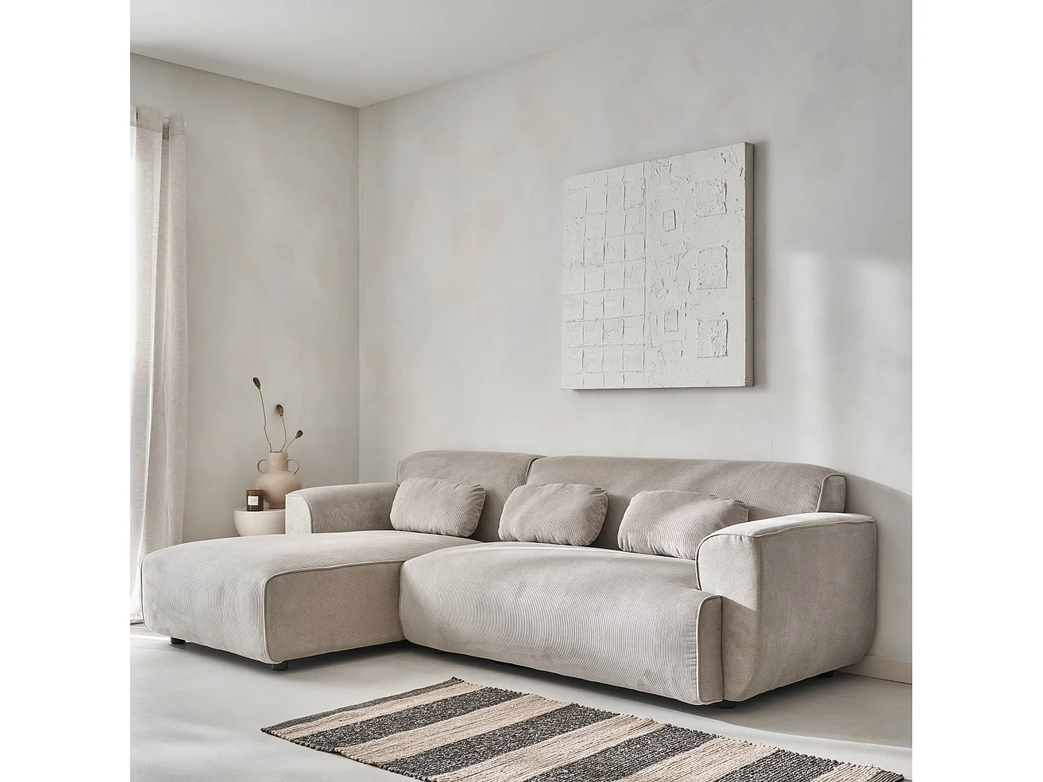 Sofá esquinero de pana de 2 a 3 plazas, esquina izquierda beige gris