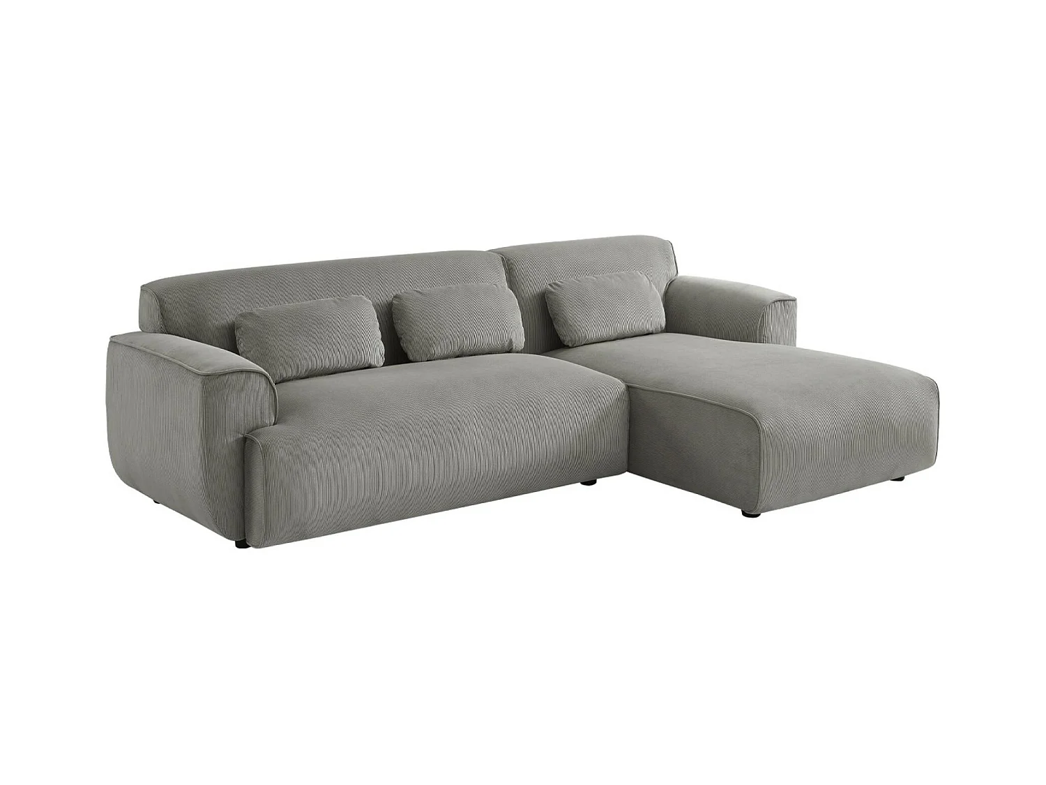 Canapé d'angle droit. 2 à 3 places. velours côtelé gris clair. Wallas L 196 x P 151 / 91 / x H 73cm