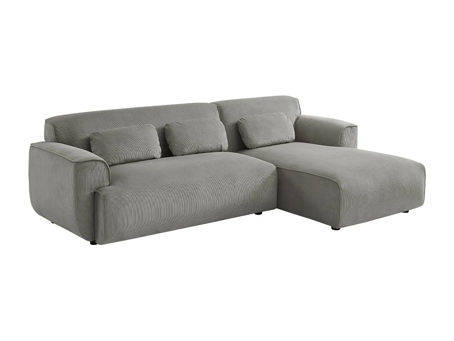 Canapé d'angle droit. 2 à 3 places. velours côtelé gris clair. Wallas L 196 x P 151 / 91 / x H 73cm