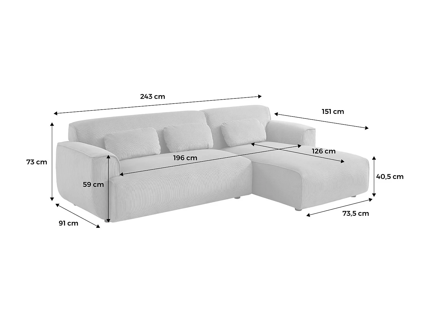 Canapé d'angle droit. 2 à 3 places. velours côtelé gris clair. Wallas L 196 x P 151 / 91 / x H 73cm