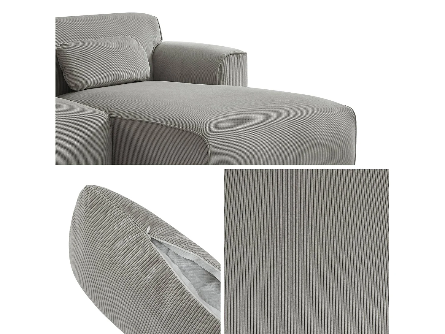 Canapé d'angle droit. 2 à 3 places. velours côtelé gris clair. Wallas L 196 x P 151 / 91 / x H 73cm