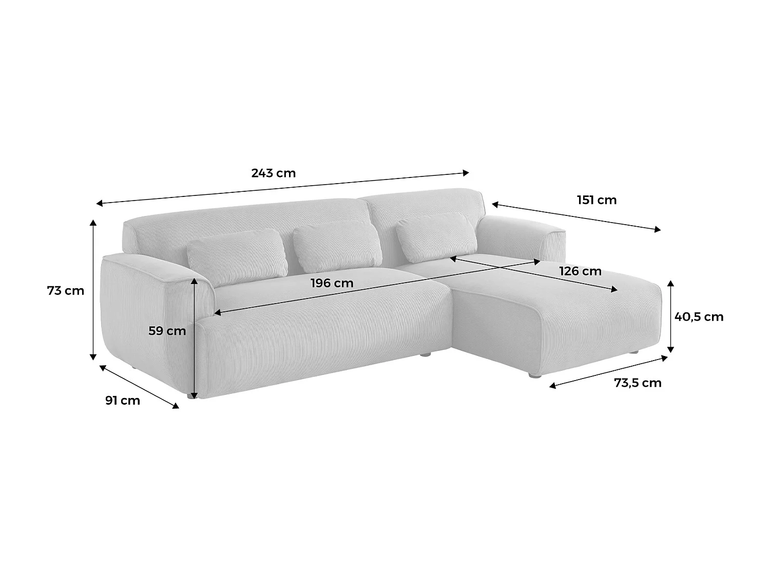 Canapé d'angle droit. 2 à 3 places. velours côtelé gris clair. Wallas L 196 x P 151 / 91 / x H 73cm