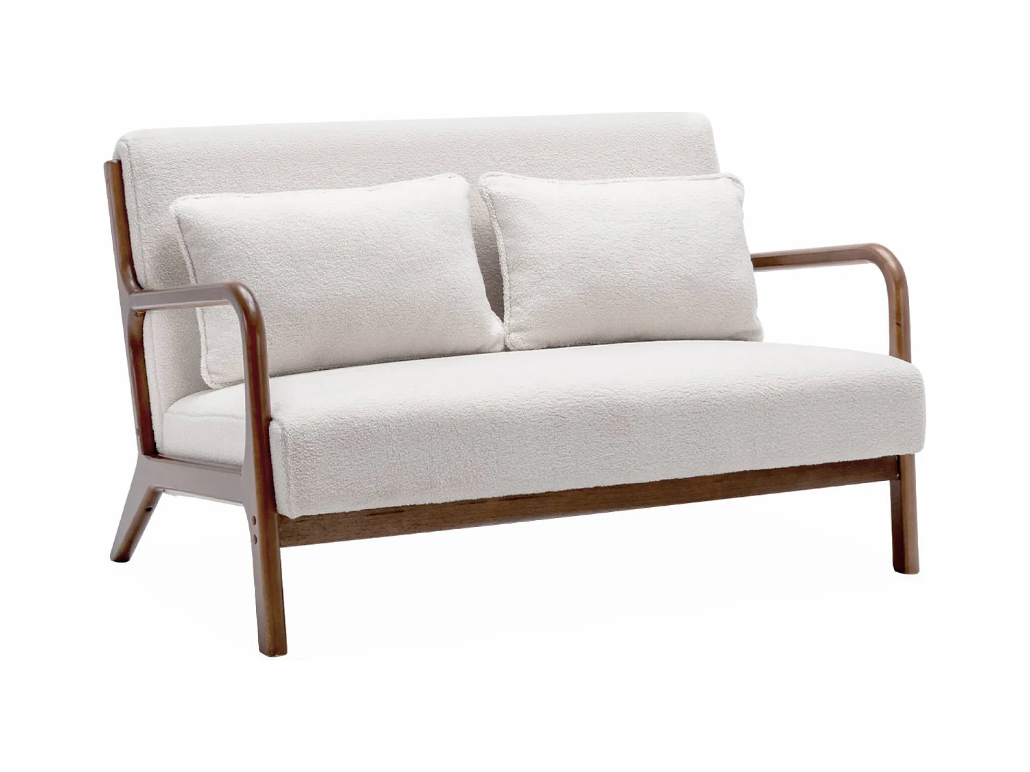 Banquette à bouclettes . pieds bois d'hévéa teinté noyer clair. 2 places droit fixe. pieds compas scandinave