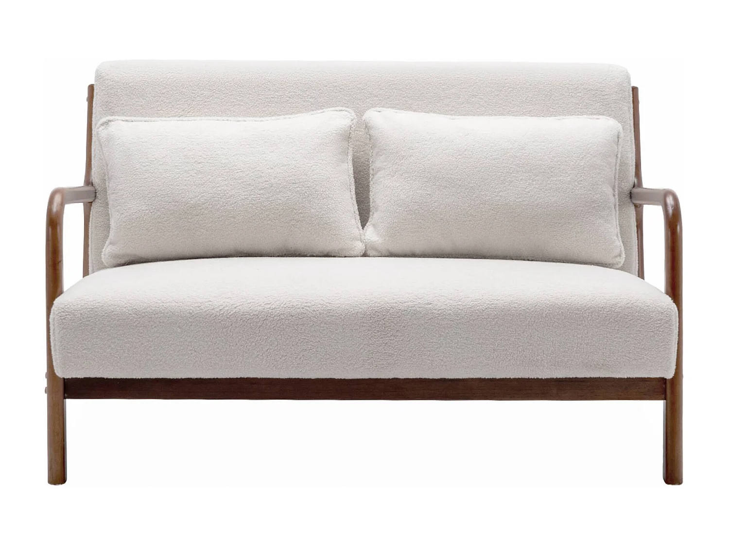 Panca scandinava in legno di hevea tinto noce chiaro e bouclé, 2