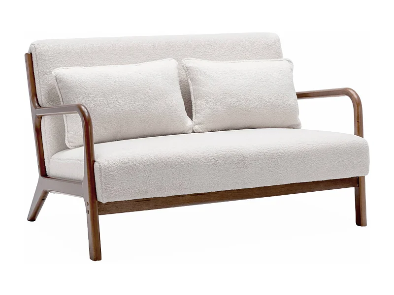 Panca scandinava in legno di hevea tinto noce chiaro e bouclé, 2