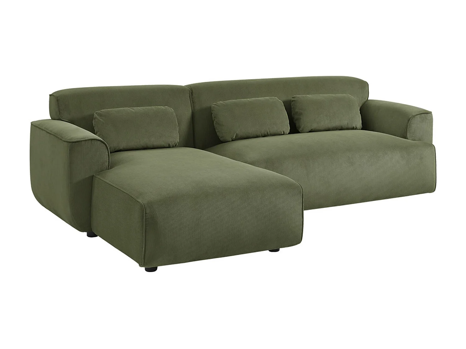 Canapé d'angle gauche. 2 à 3 places. velours côtelé vert. Wallas L 196 x P 151 / 91 / x H 73cm