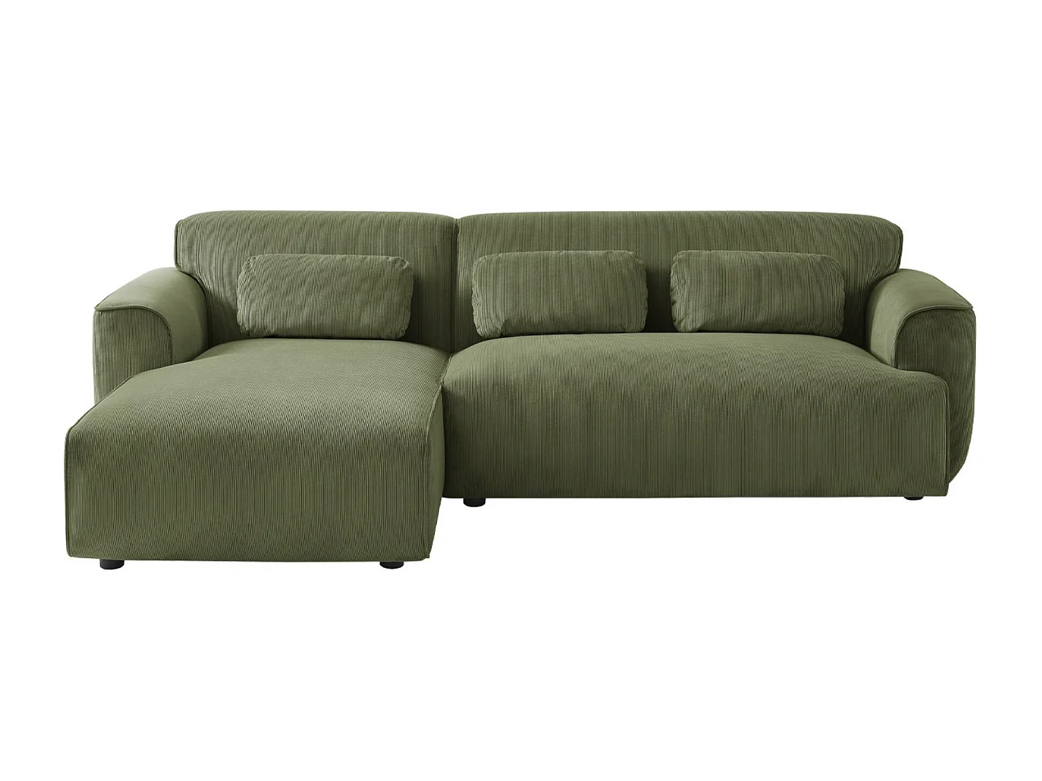 Canapé d'angle gauche. 2 à 3 places. velours côtelé vert. Wallas L 196 x P 151 / 91 / x H 73cm