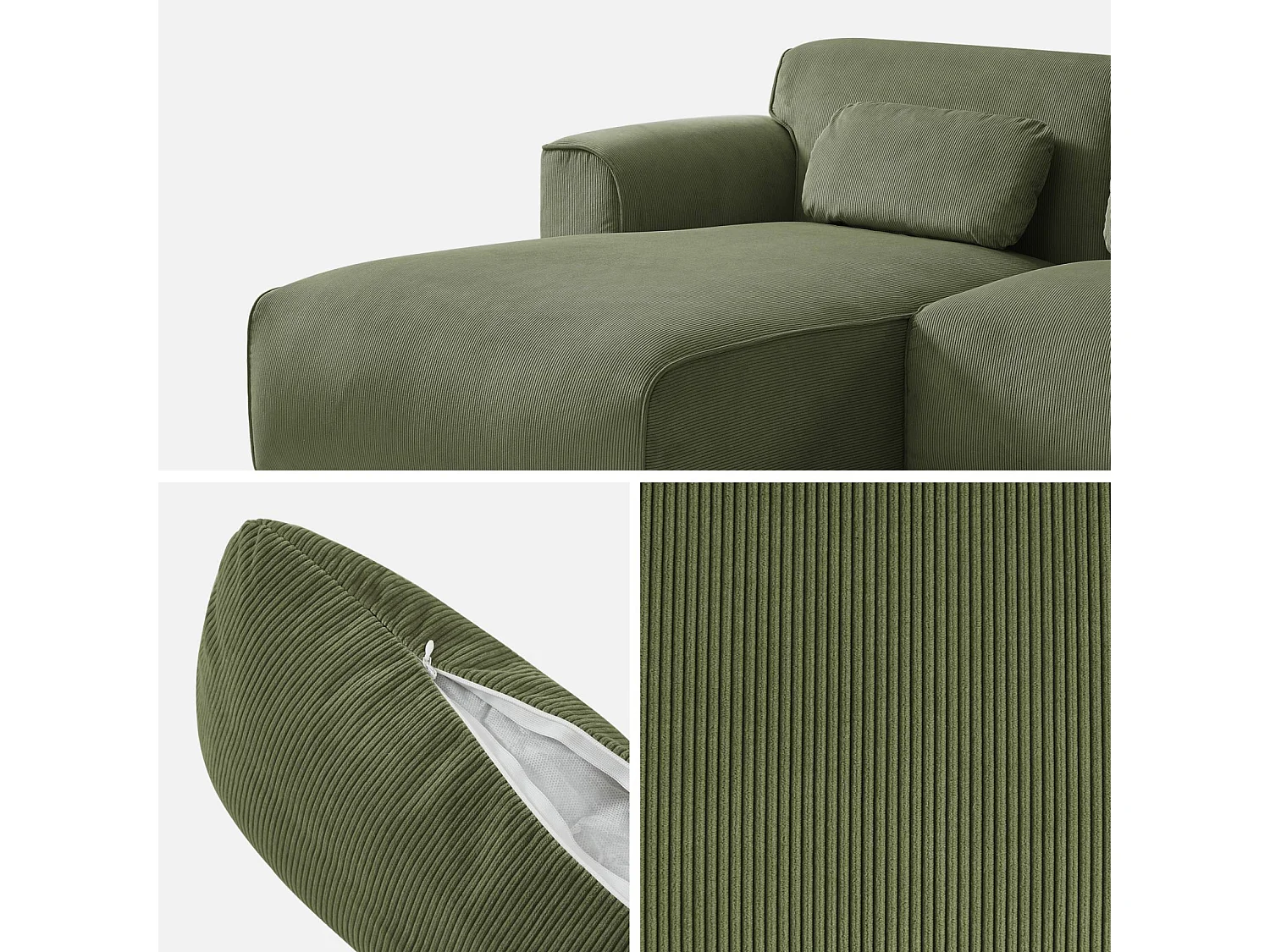 Canapé d'angle gauche. 2 à 3 places. velours côtelé vert. Wallas L 196 x P 151 / 91 / x H 73cm