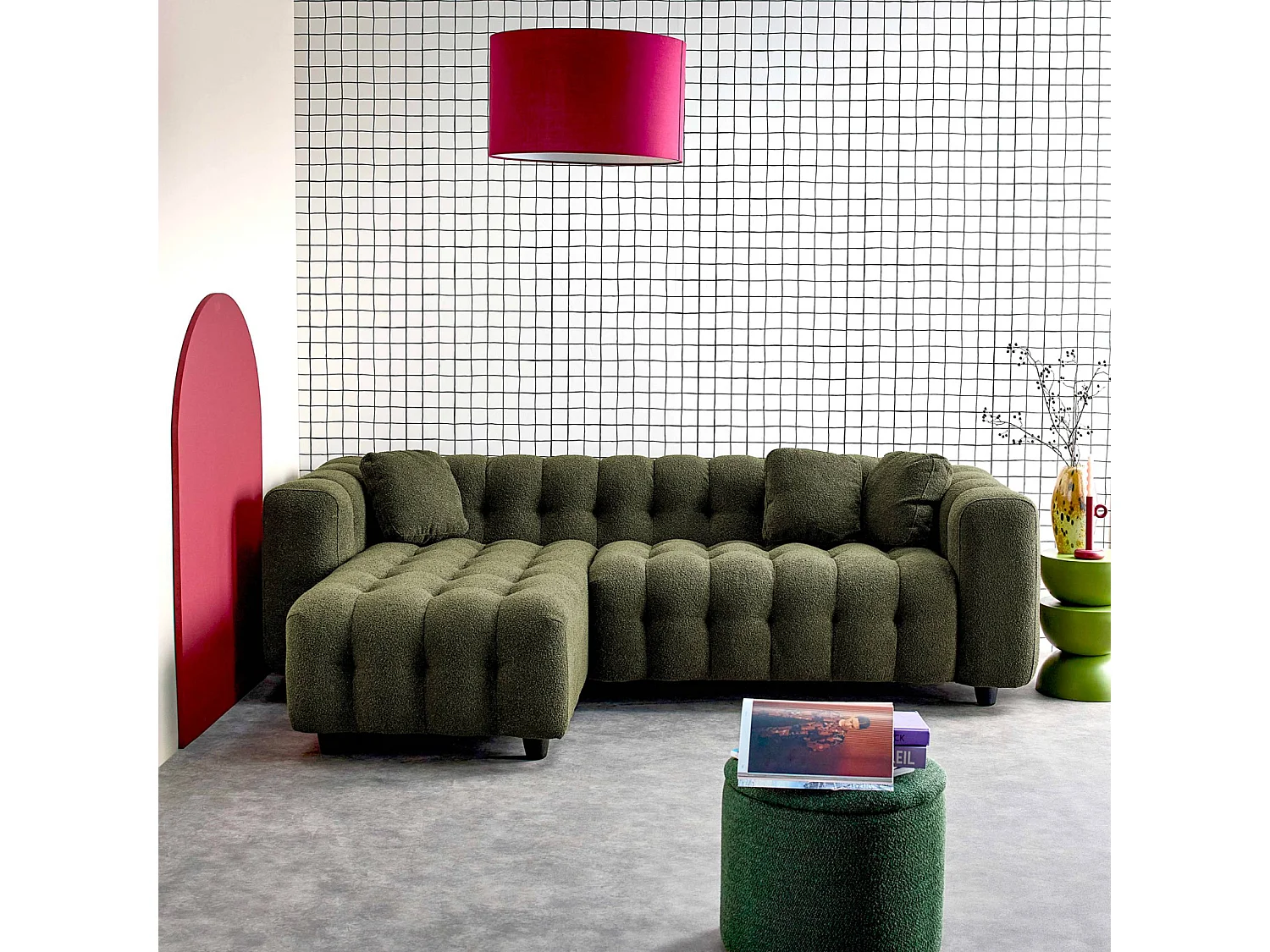 Sofá esquinero reversible con rizo texturado kaki oscuro