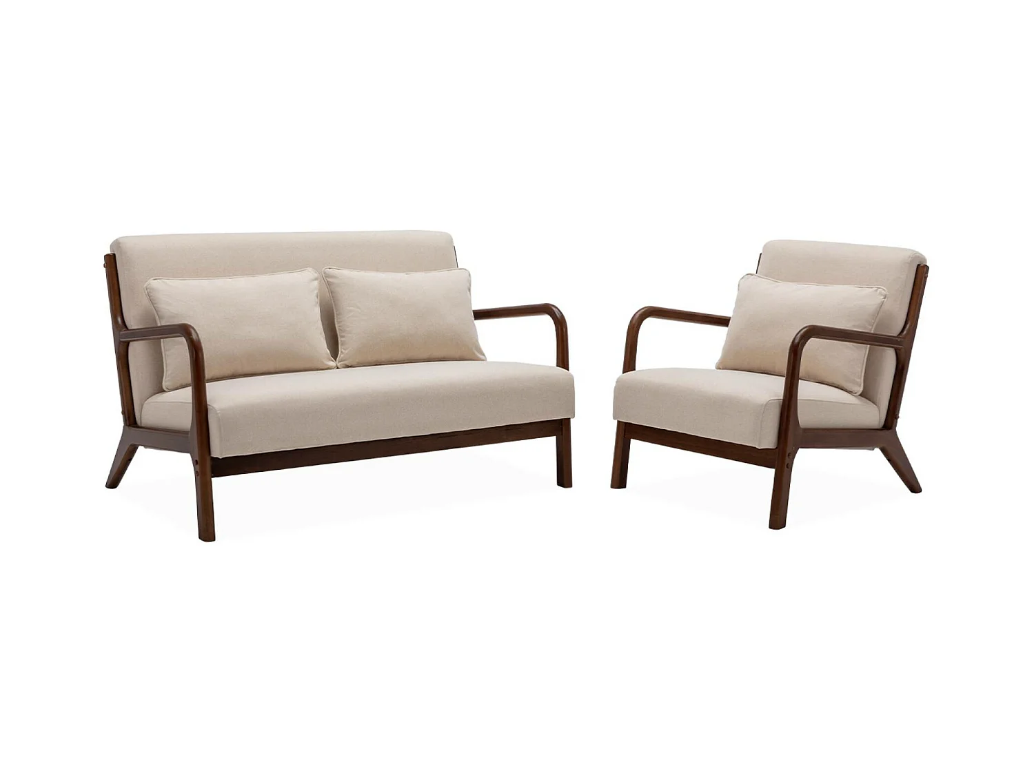 Banco de 2 plazas + sillón de tela beige, madera de hevea teñida nogal