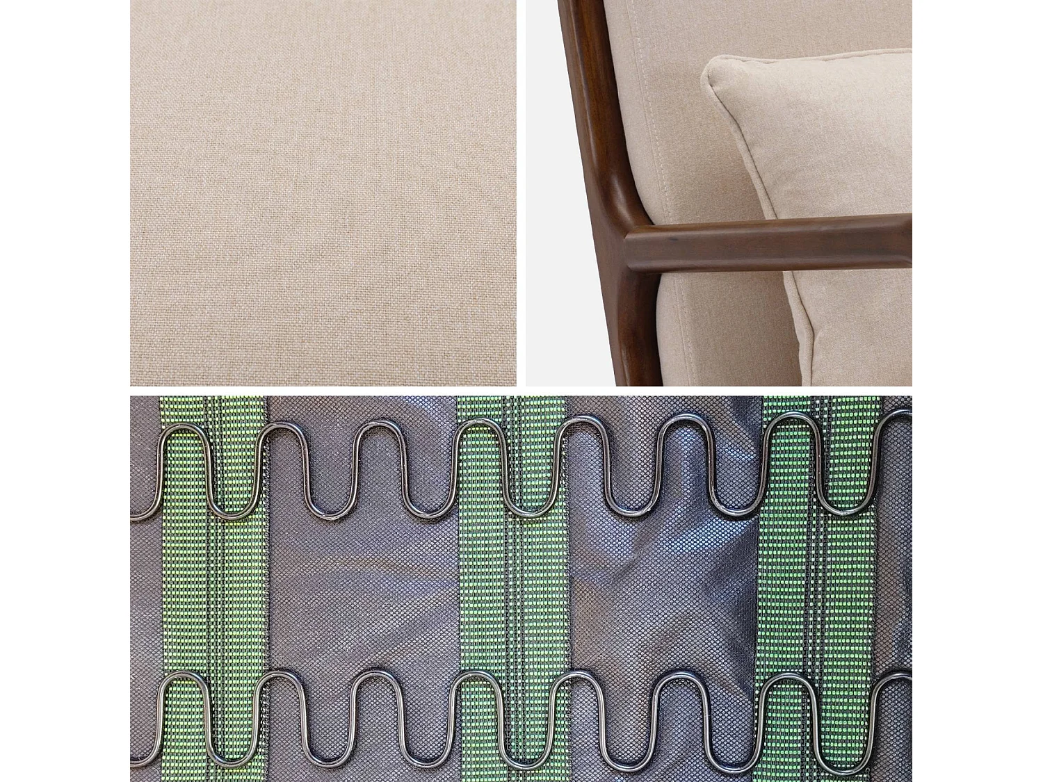 Divano 2 posti + poltrona legno di hevea tinto noce chiaro e tessuto,