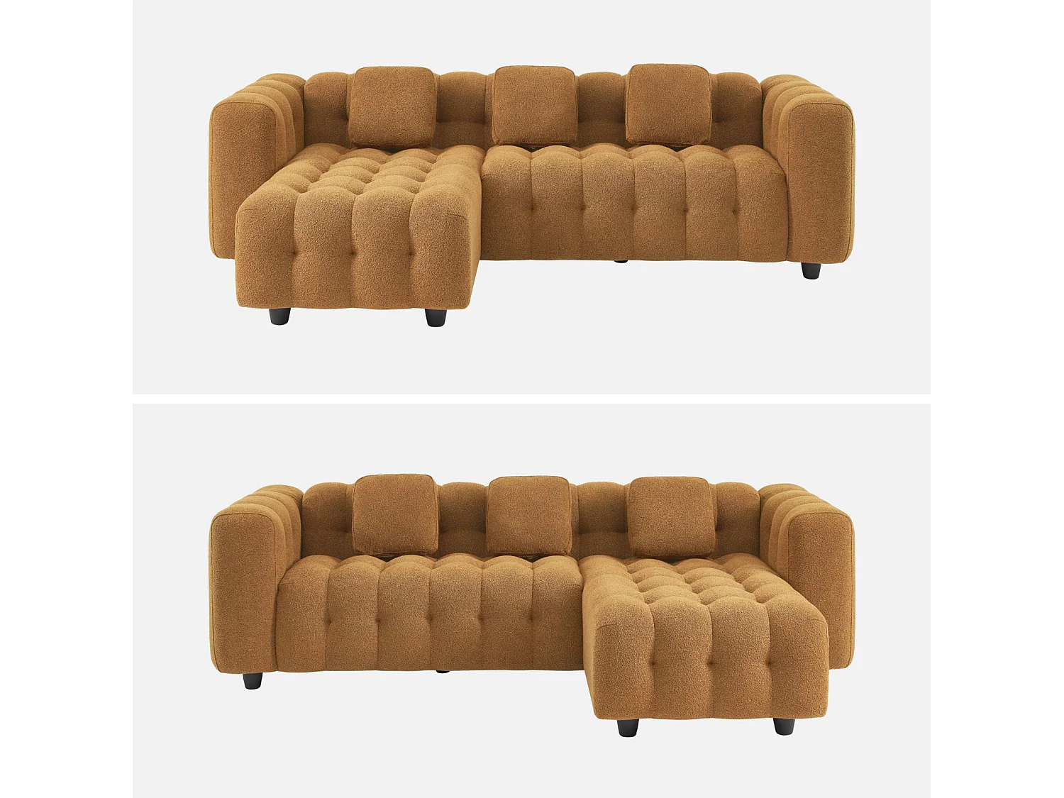 Canapé d'angle réversible 3-4 places bouclette texturée. moutarde. capitonné structure bois d'eucalyptus et contreplaqué