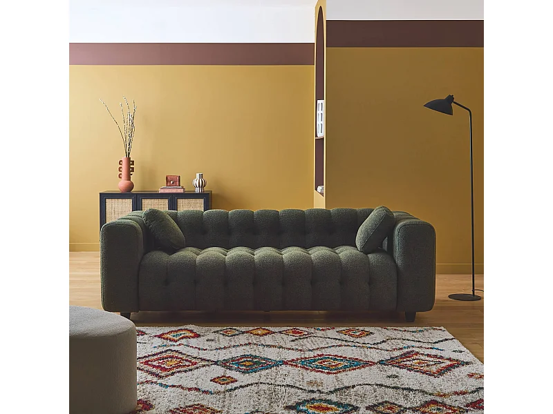 Sofá de 3 plazas, tapizado en tela borreguito texturizada kaki oscuro