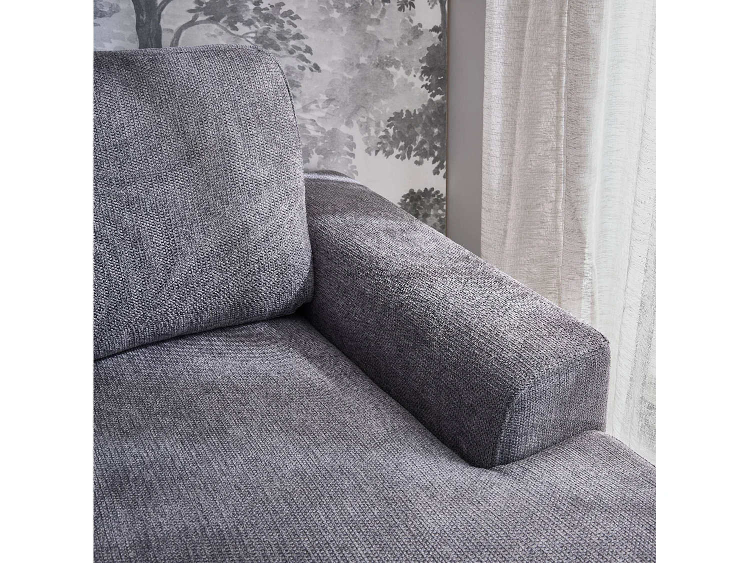 Sofá de 3 plazas de tela y metal, esquina izquierda gris oscuro