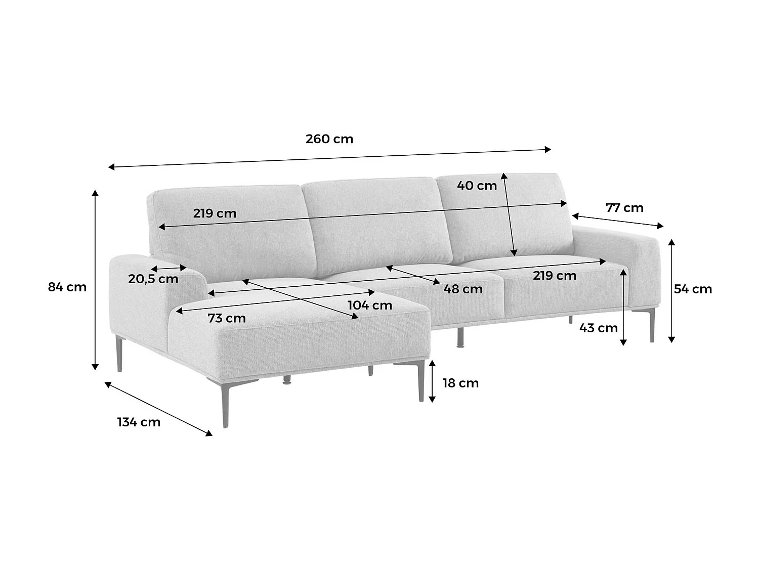 Sofá de 3 plazas de tela y metal, esquina izquierda gris oscuro