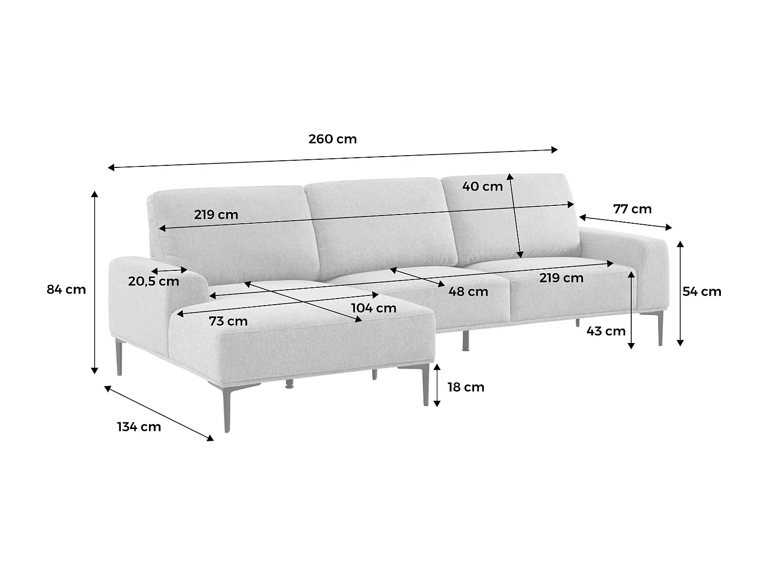 Sofá de 3 plazas de tela y metal, esquina izquierda gris oscuro