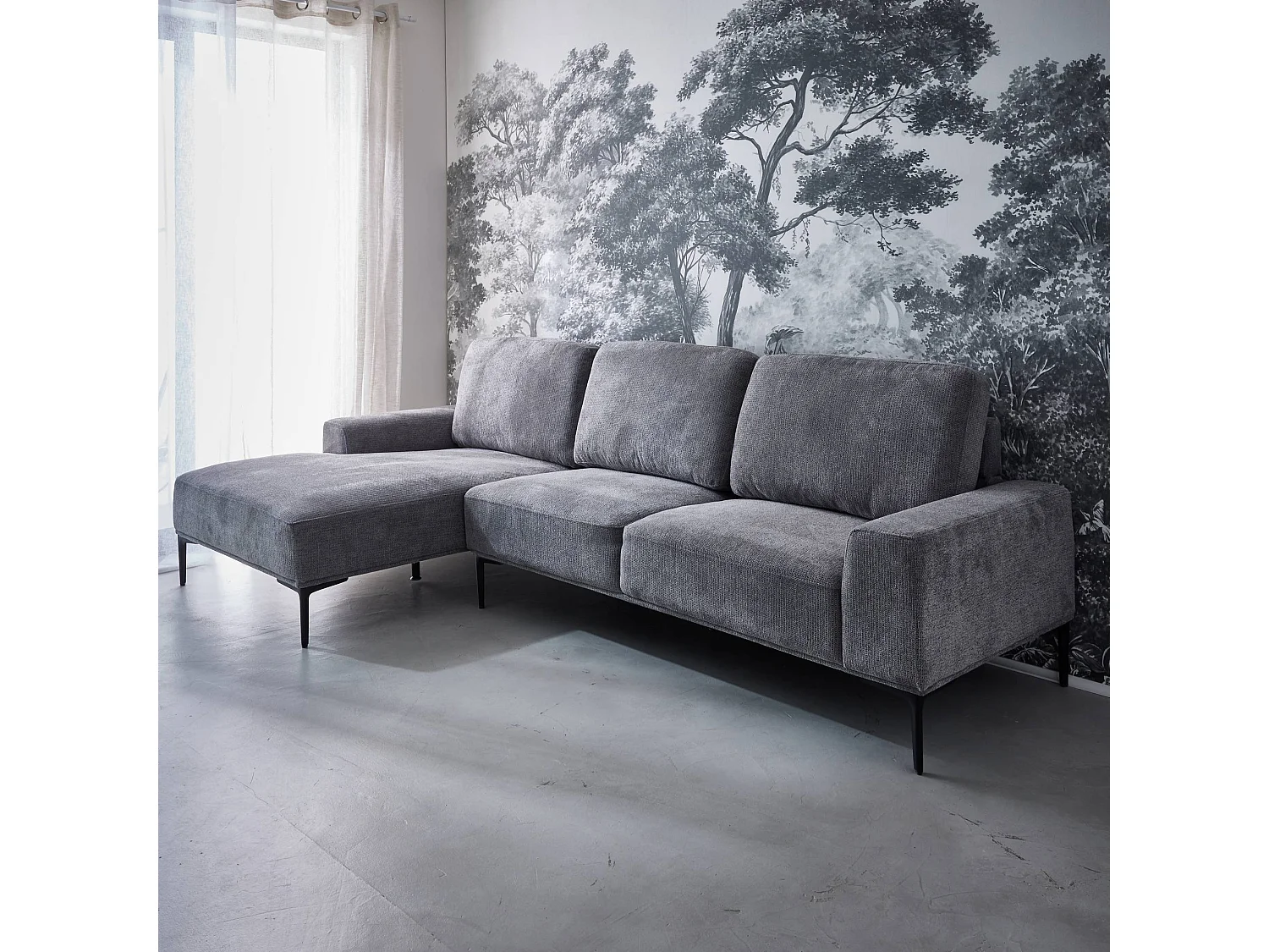 Divano a 3 posti in tessuto e metallo, angolo sinistro, grigio scuro