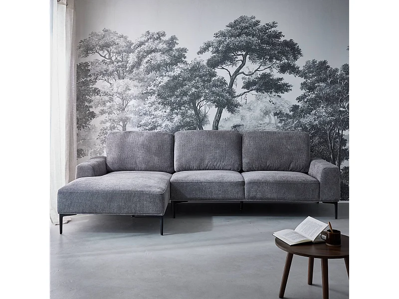 Sofá de 3 plazas de tela y metal, esquina izquierda gris oscuro