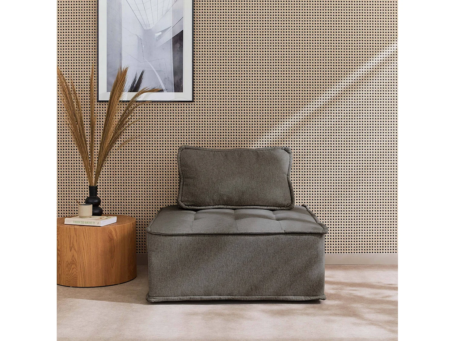 Chauffeuse pour canapé modulable tissu capitonné gris avec un coussin