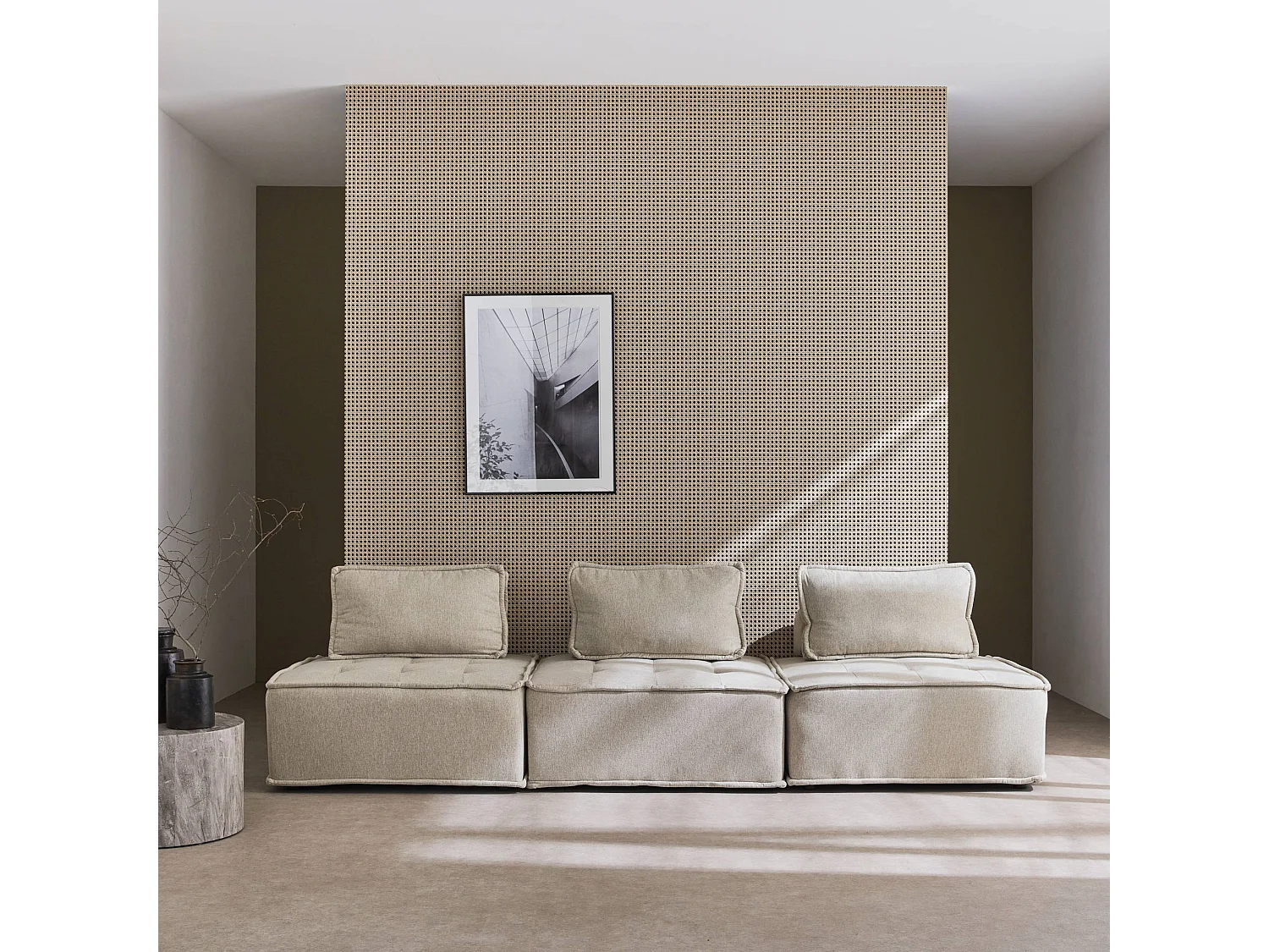 Lot de 3 chauffeuses pour canapé modulables tissu capitonné beige avec 1 coussin