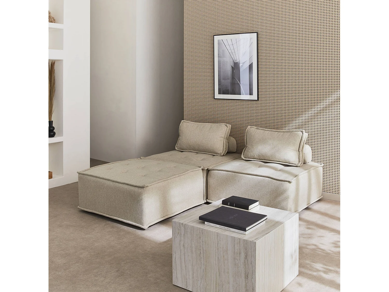 Lot de 3 chauffeuses pour canapé modulables tissu capitonné beige avec 1 coussin