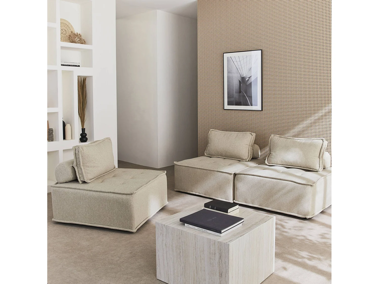 Lot de 3 chauffeuses pour canapé modulables tissu capitonné beige avec 1 coussin