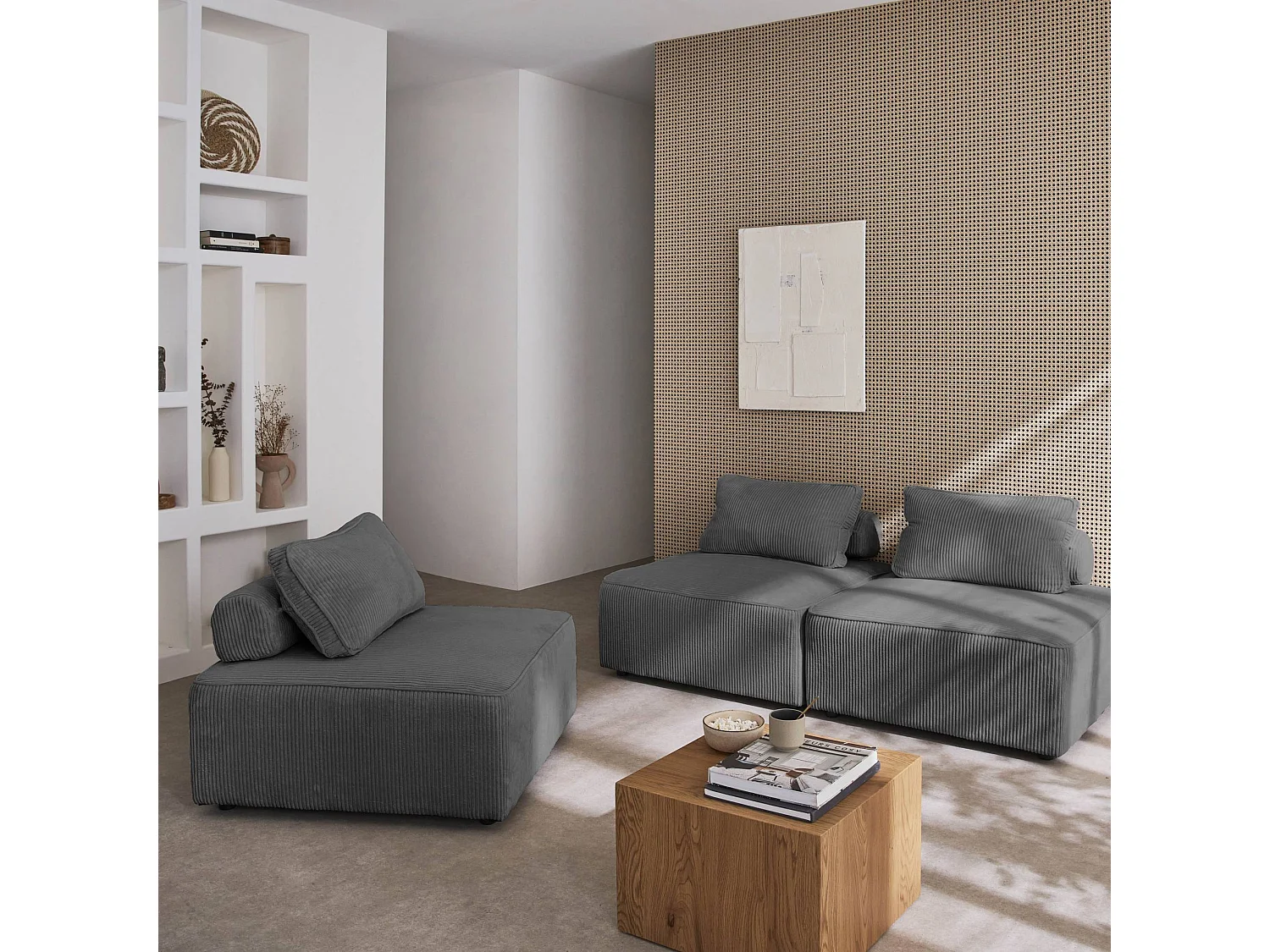 Poltrona per divano modulare velluto a coste (set di 3), grigio