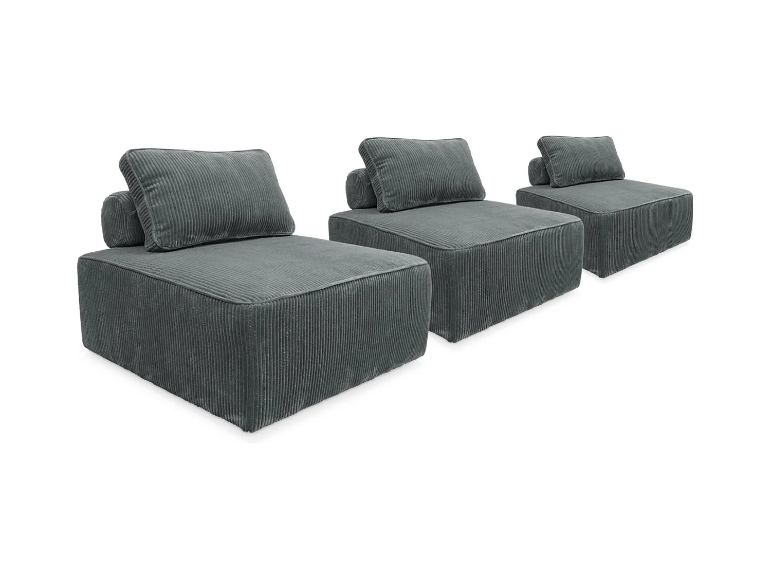 Lot de 3 chauffeuses pour canapé modulables velours côtelé gris avec un coussin