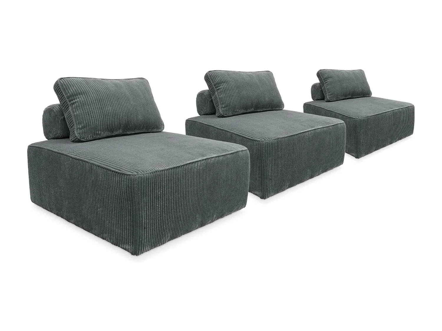Lot de 3 chauffeuses pour canapé modulables velours côtelé gris avec un coussin