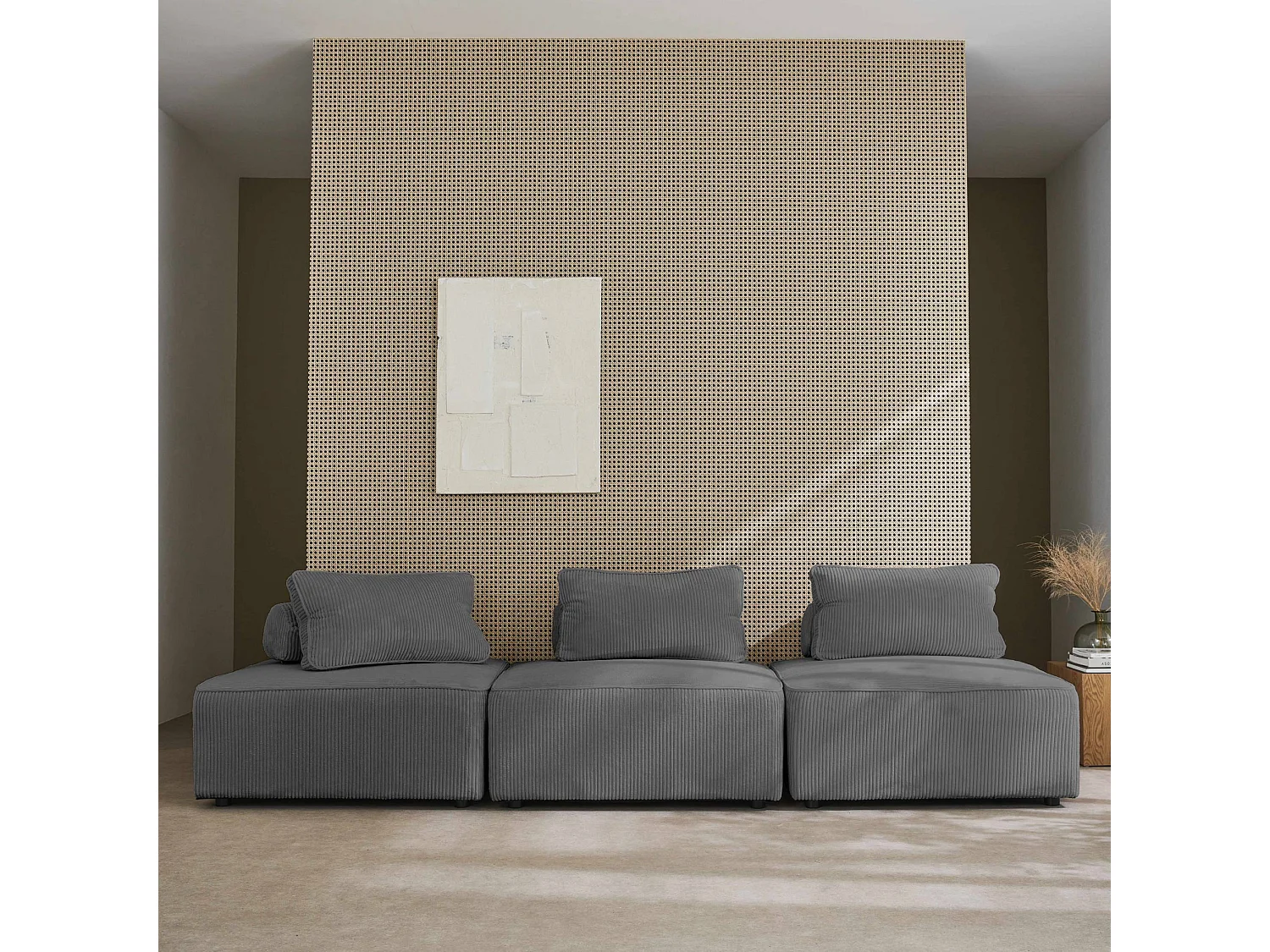 Lot de 3 chauffeuses pour canapé modulables velours côtelé gris avec un coussin