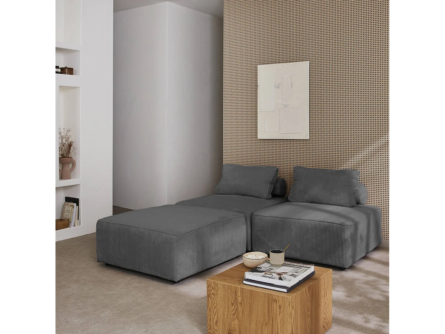 Lot de 3 chauffeuses pour canapé modulables velours côtelé gris avec un coussin