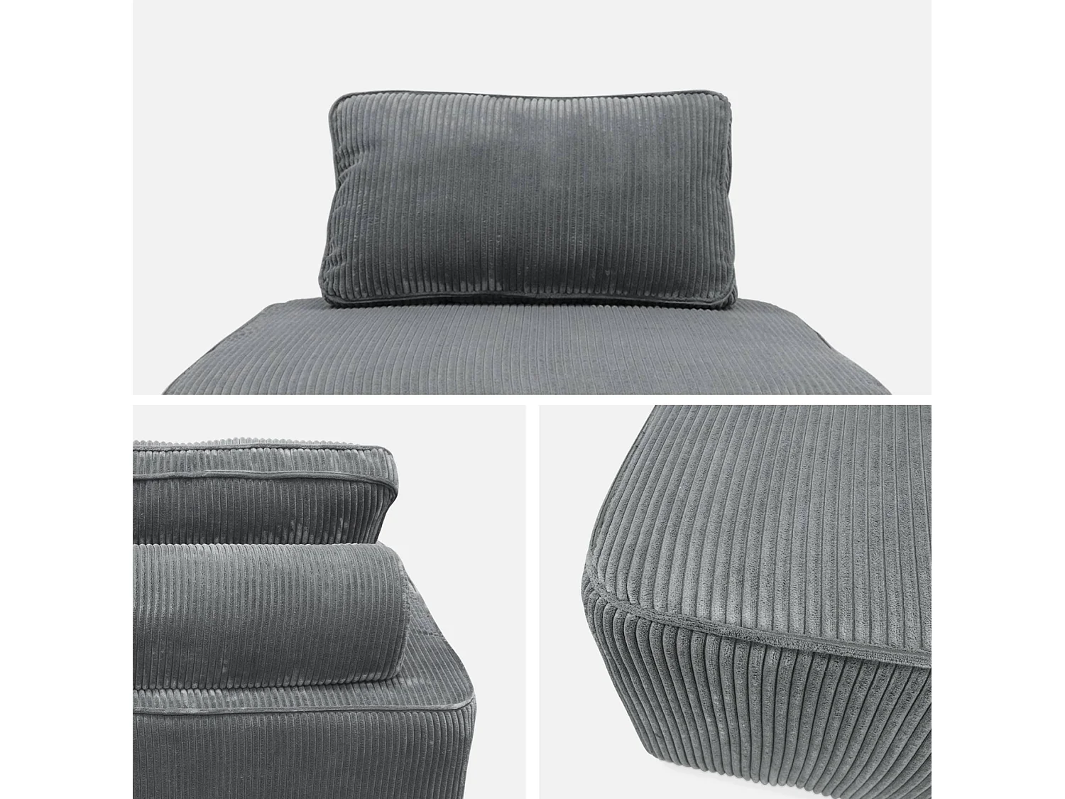 Lot de 3 chauffeuses pour canapé modulables velours côtelé gris avec un coussin