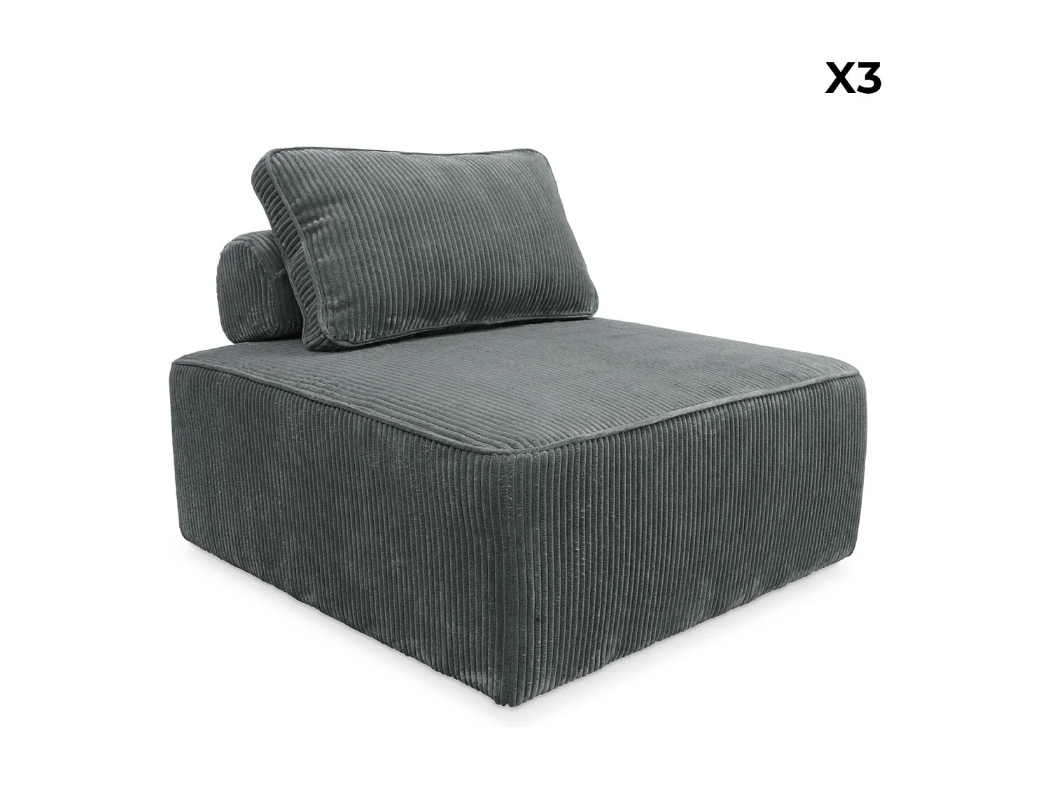 Lot de 3 chauffeuses pour canapé modulables velours côtelé gris avec un coussin