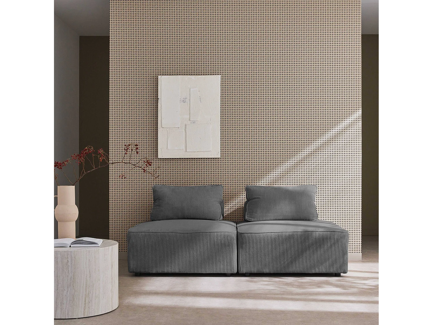 Lot de 2 chauffeuses  pour canapé modulable velours côtelé gris avec un coussin