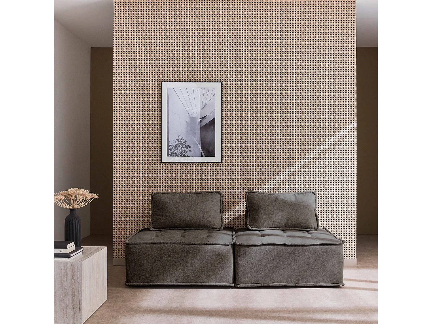 Lot de 2 chauffeuses pour canapé modulable tissu capitonné gris avec un coussin