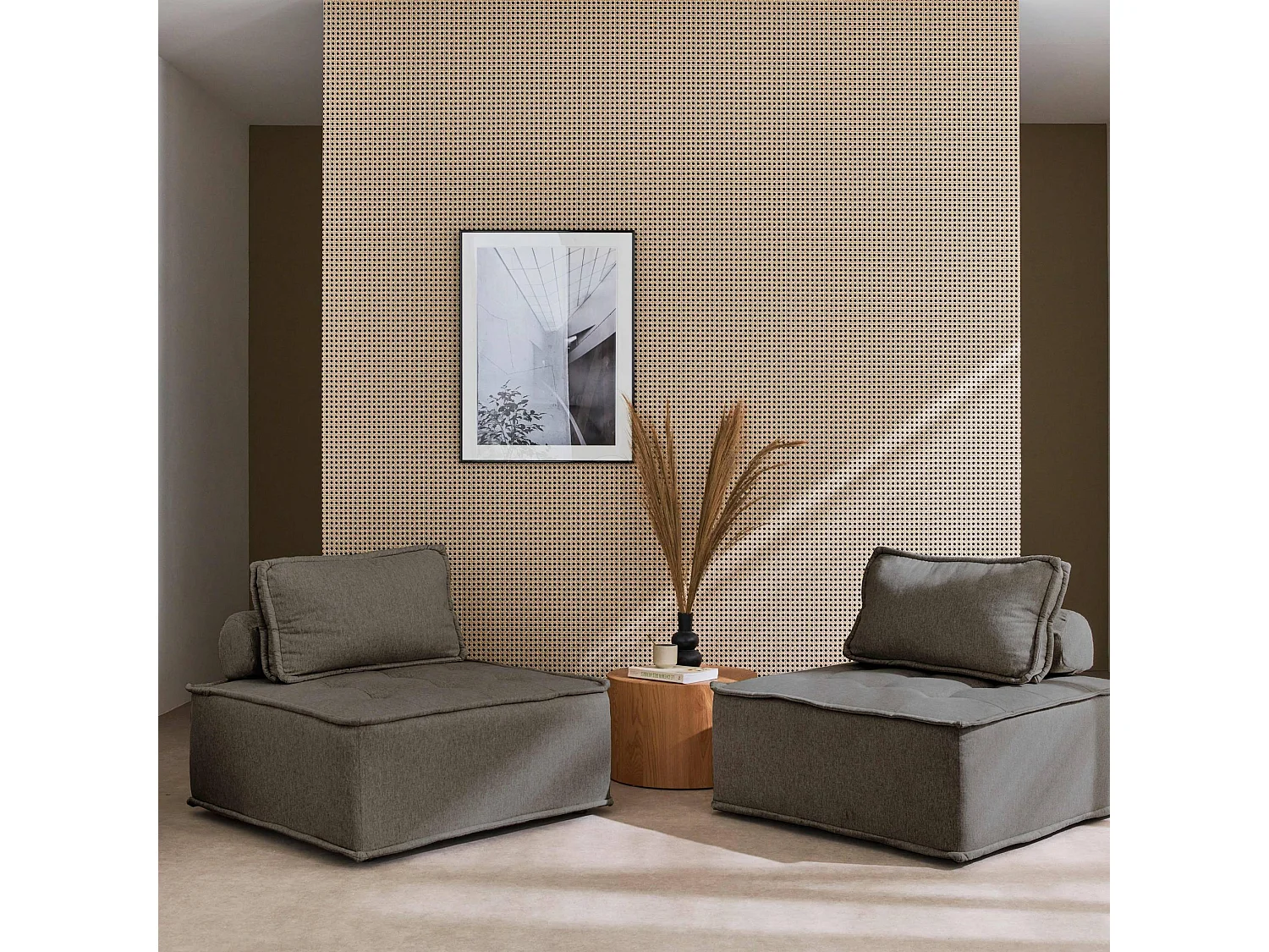 Lot de 2 chauffeuses pour canapé modulable tissu capitonné gris avec un coussin